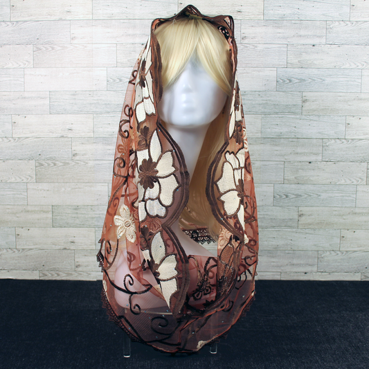 Brown and Ivory Embroidered Infinity Chapel Veil/Mantilla