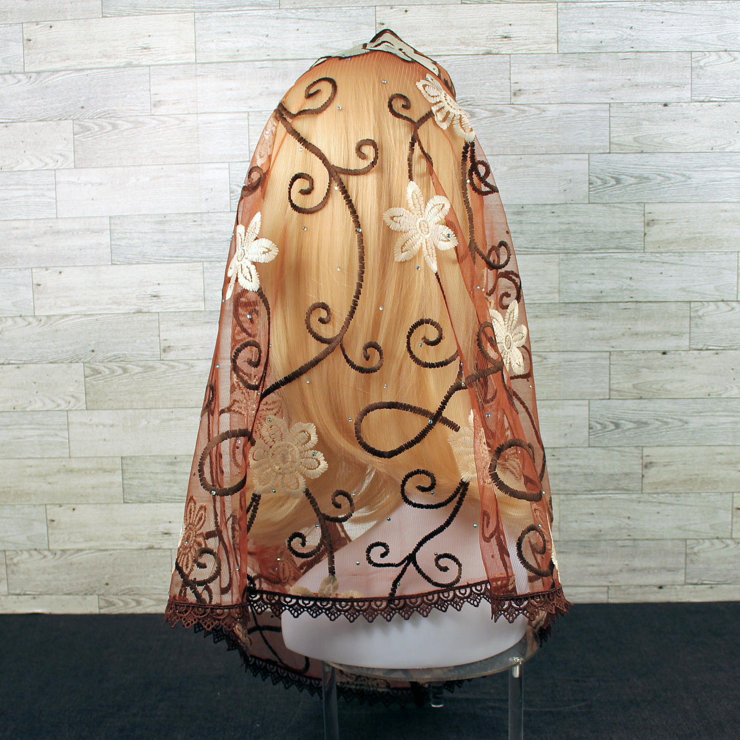 Brown and Ivory Embroidered Infinity Chapel Veil/Mantilla