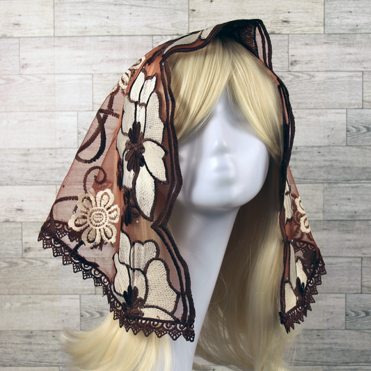 Brown and Ivory Embroidered D-Shaped Chapel Veil/Mantilla