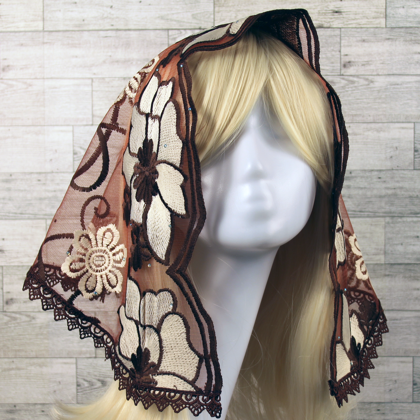 Brown and Ivory Embroidered Small D-Shaped Chapel Veil/Mantilla