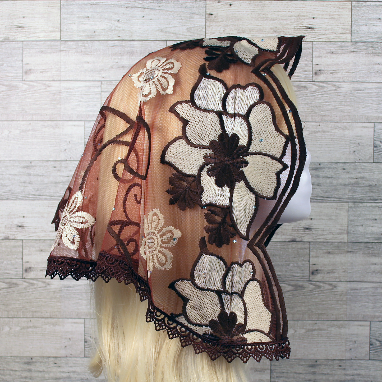 Brown and Ivory Embroidered Small D-Shaped Chapel Veil/Mantilla