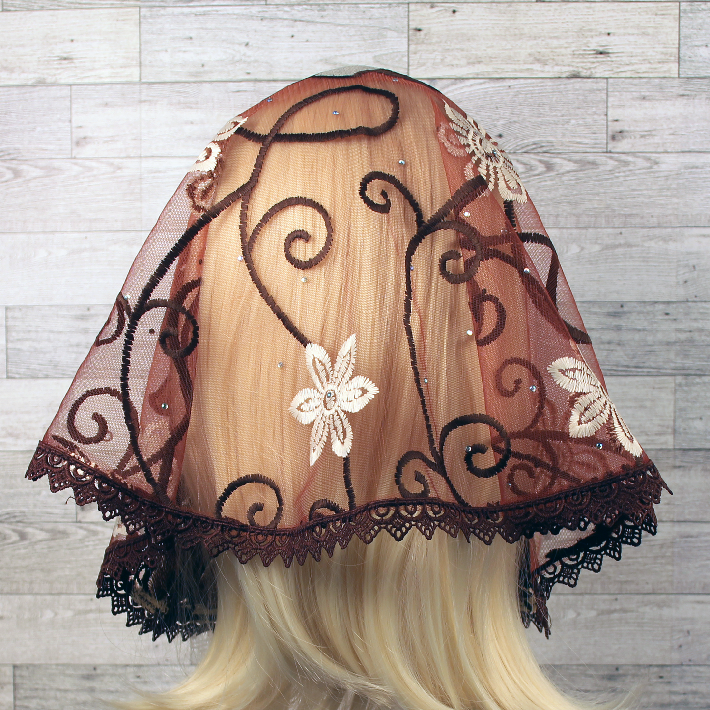 Brown and Ivory Embroidered Small D-Shaped Chapel Veil/Mantilla