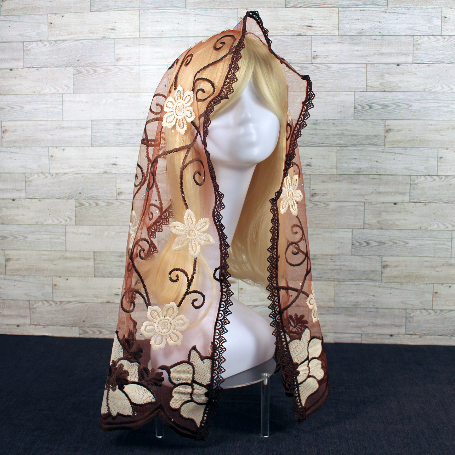 Brown and Ivory Embroidered Rectangle Chapel Veil/Mantilla