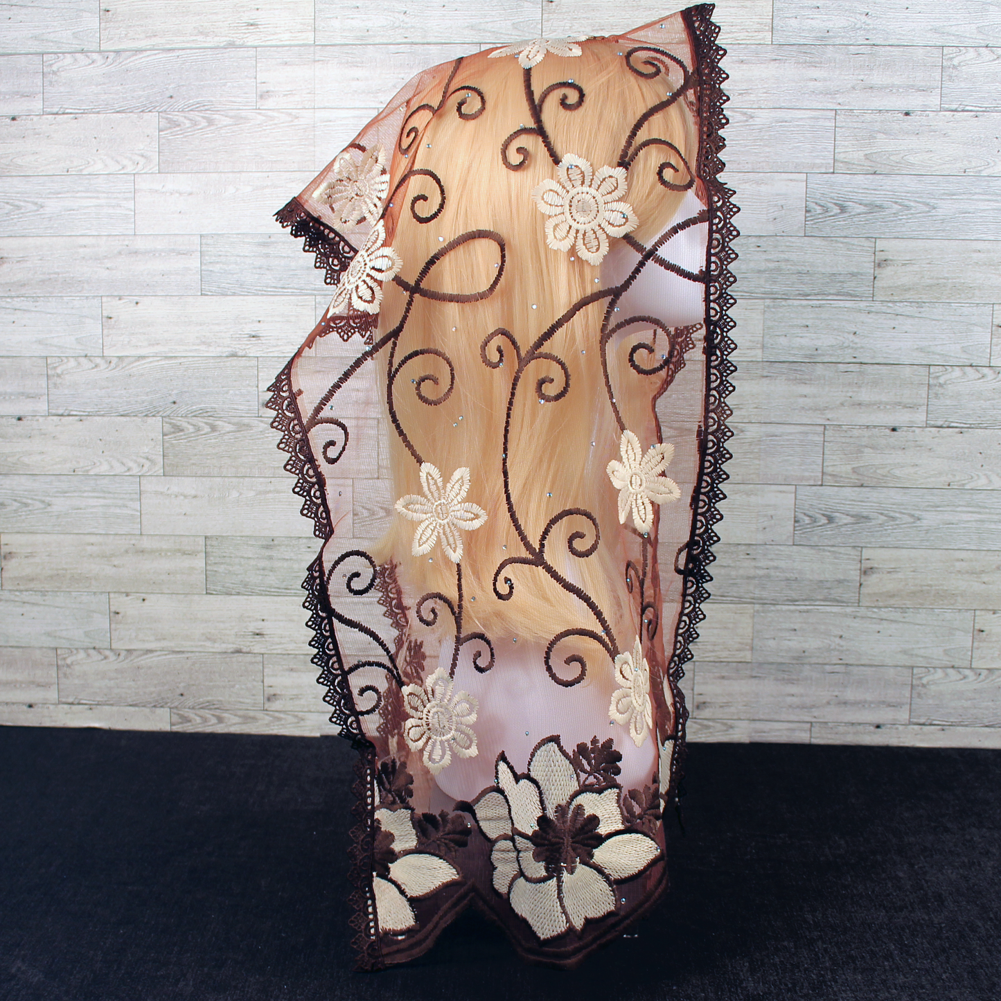 Brown and Ivory Embroidered Rectangle Chapel Veil/Mantilla