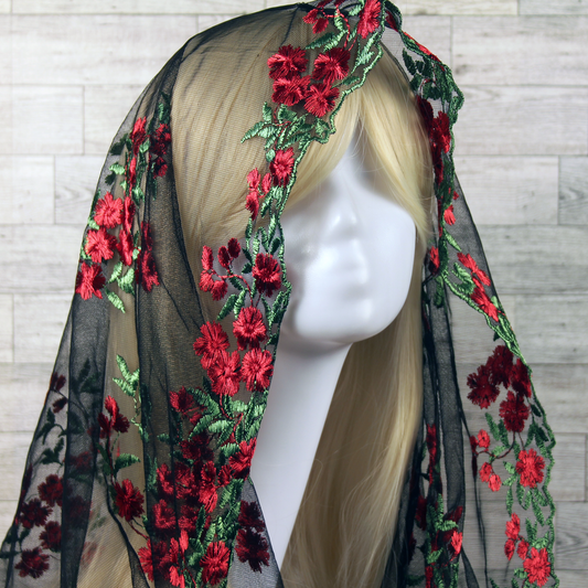 Black Mesh Lace Veil with Embroidered Red Roses (Infinity)
