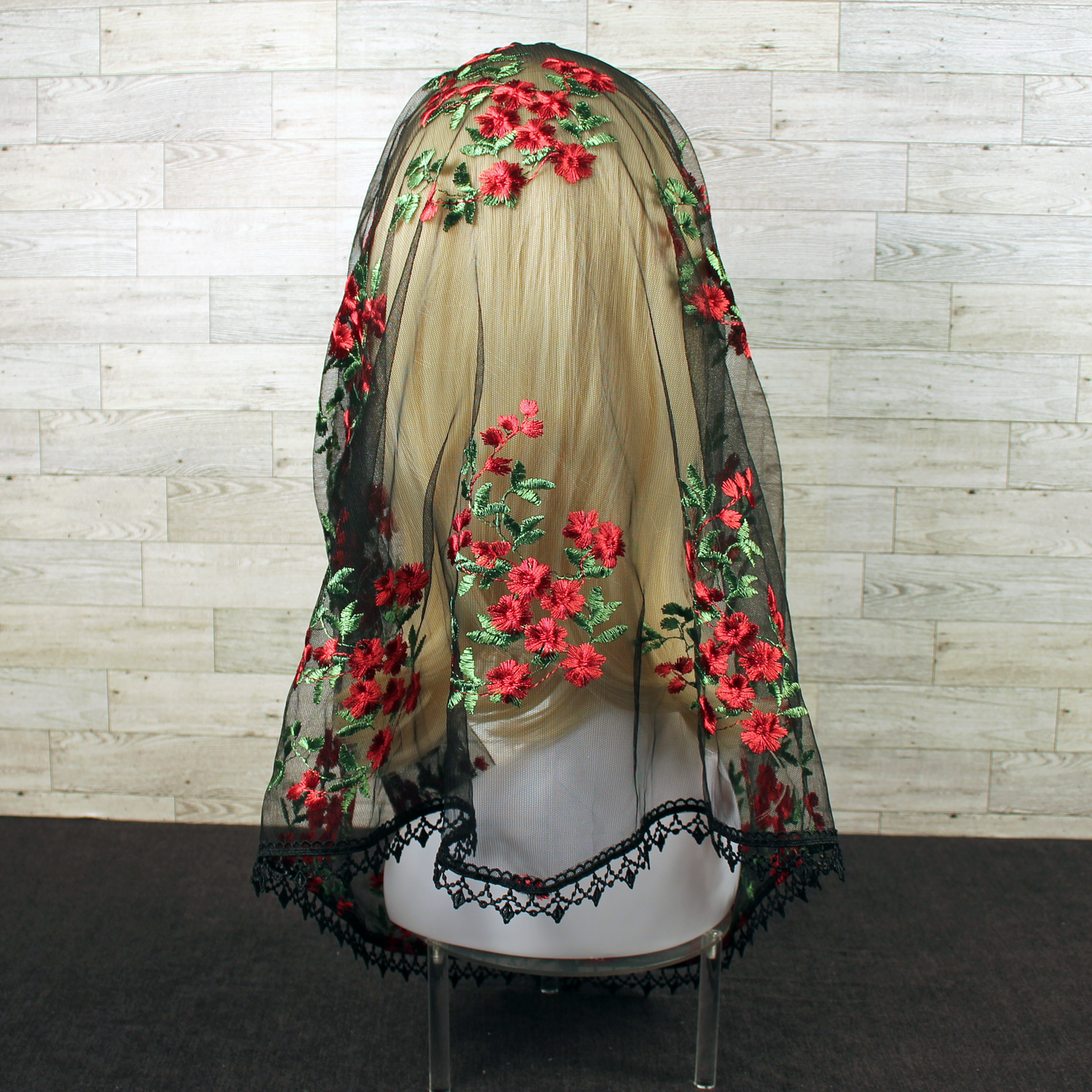 Black Mesh Lace Veil with Embroidered Red Roses (Infinity)