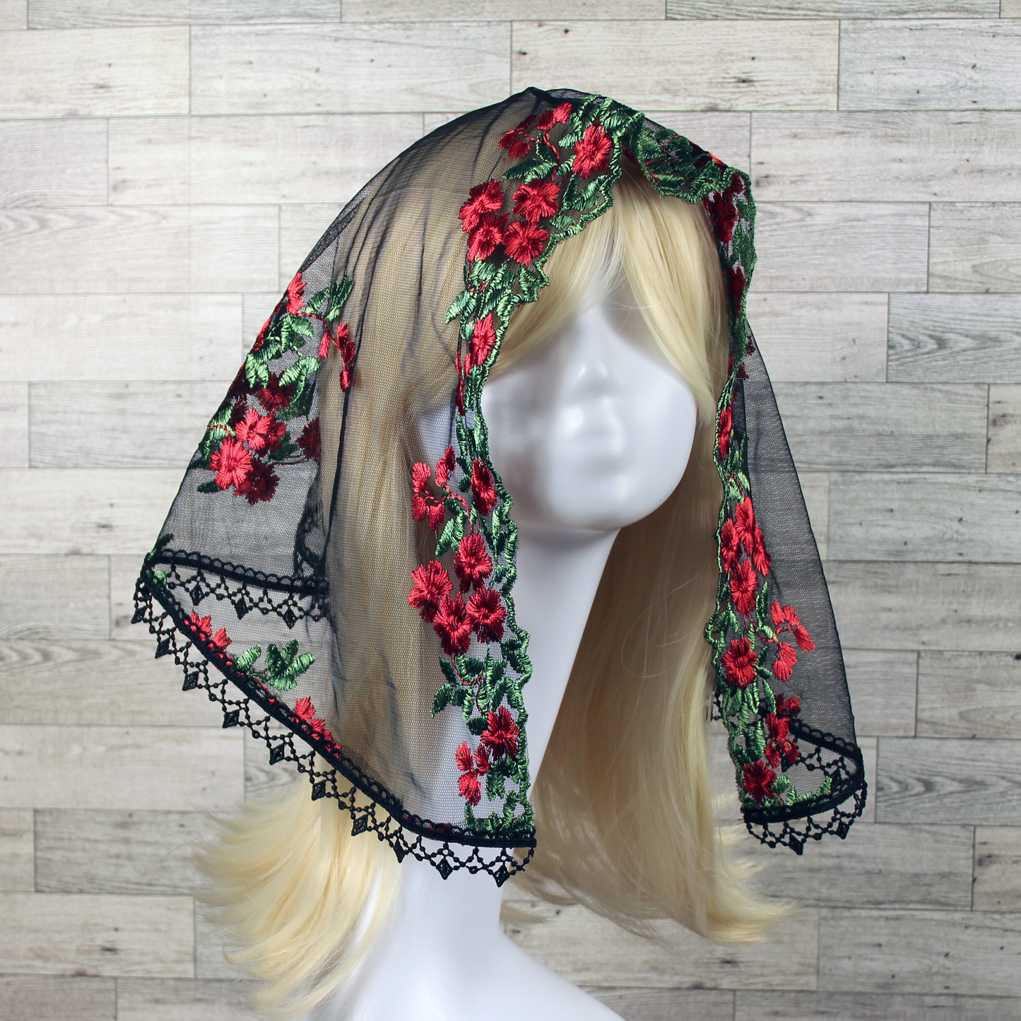 Black Mesh Lace Veil with Embroidered Red Roses (D-Shaped)