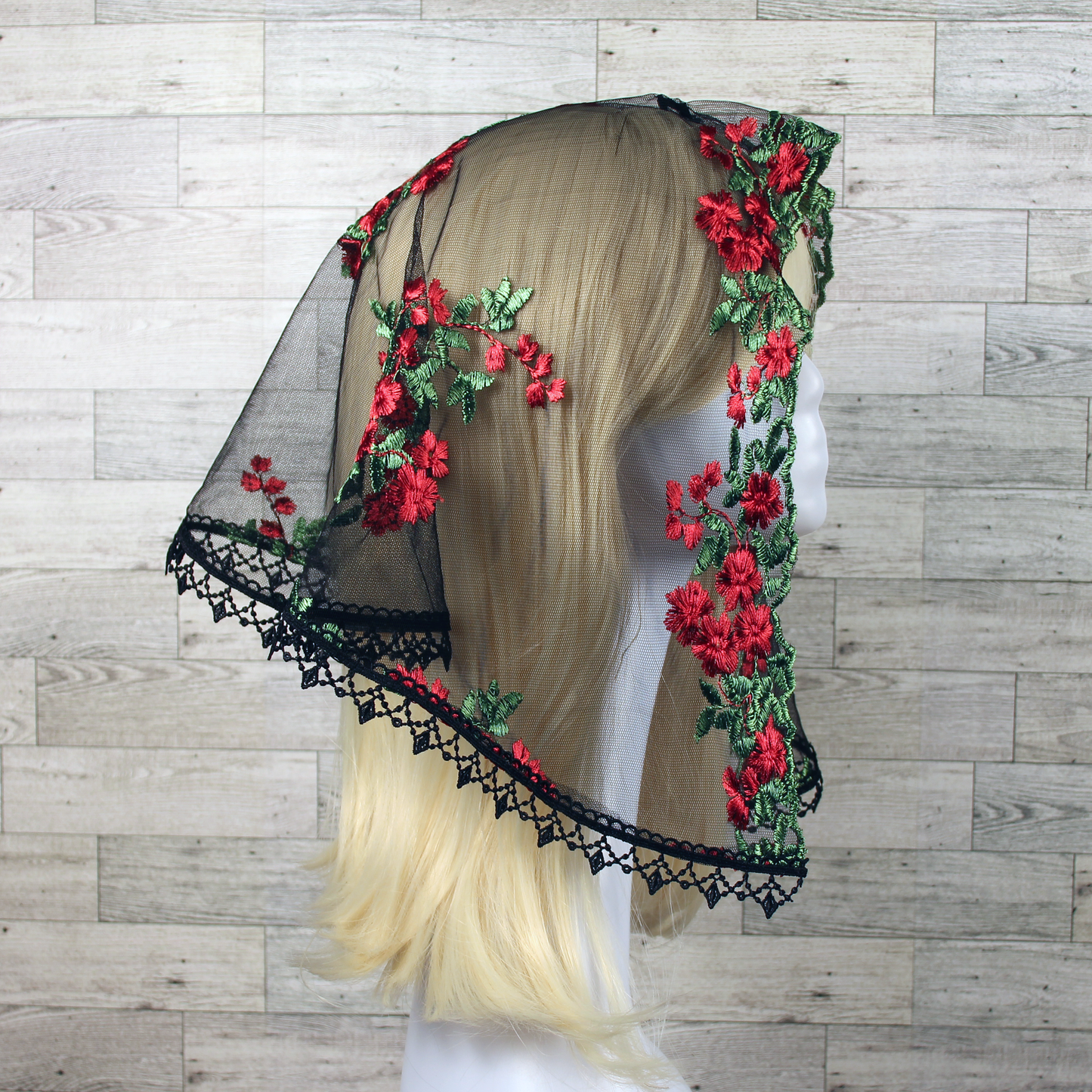 Black Mesh Lace Veil with Embroidered Red Roses (D-Shaped)