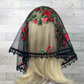 Black Mesh Lace Veil with Embroidered Red Roses (D-Shaped)