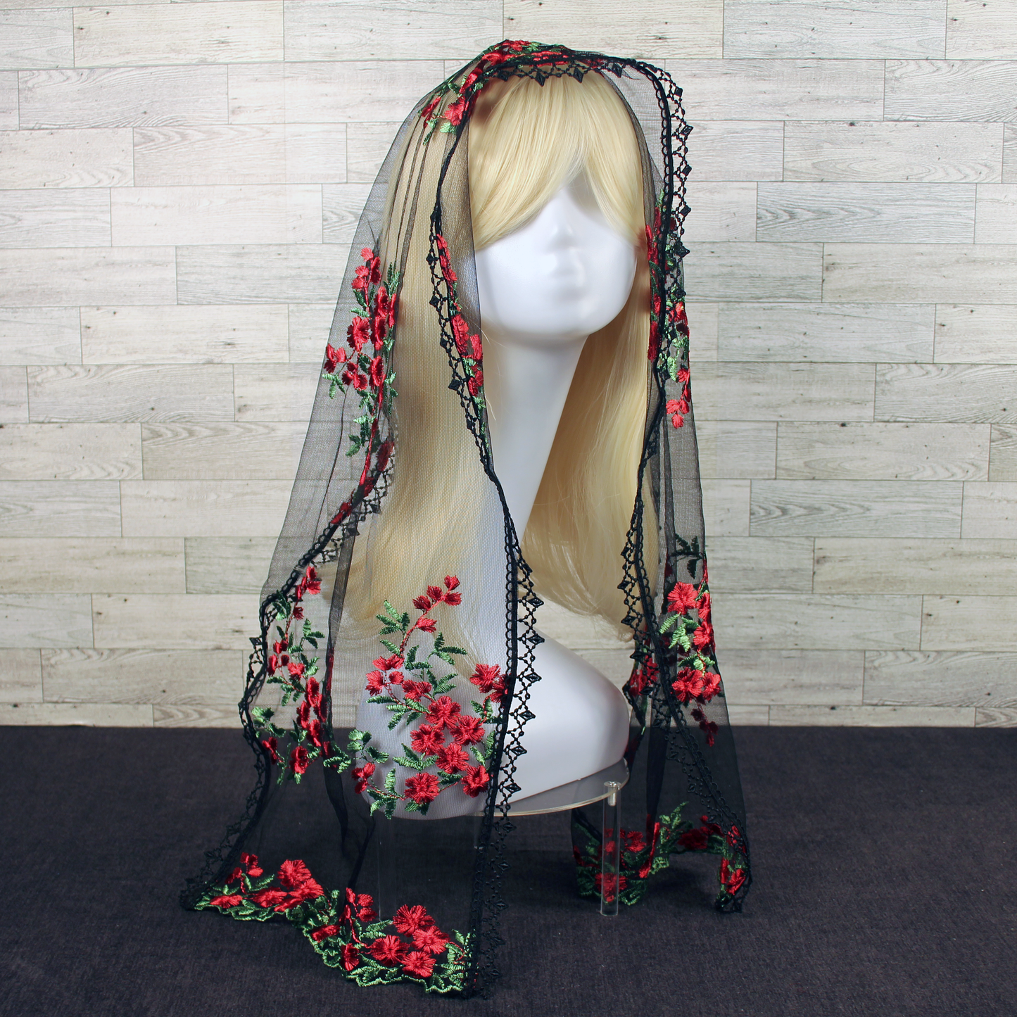 Black Mesh Lace Veil with Embroidered Red Roses (Rectangle)