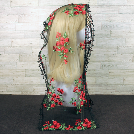 Black Mesh Lace Veil with Embroidered Red Roses (Rectangle)