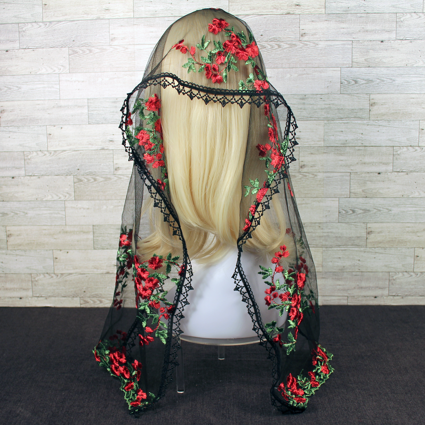 Black Mesh Lace Veil with Embroidered Red Roses (Rectangle)