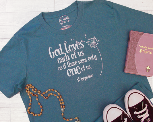 St Augustine "God Loves Each of Us..." T-Shirt (Deep Heather Teal)