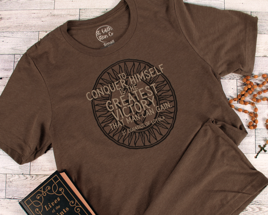 St Ignatius of Loyola T-Shirt - To Conquer Himself - Heather Brown