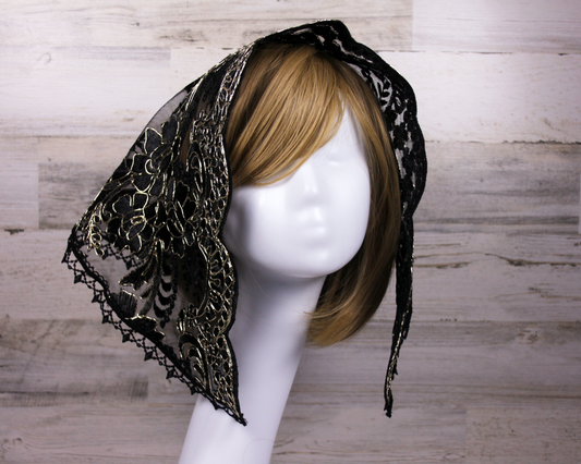 Black and Gold Small D-Shaped Chapel Veil/Mantilla