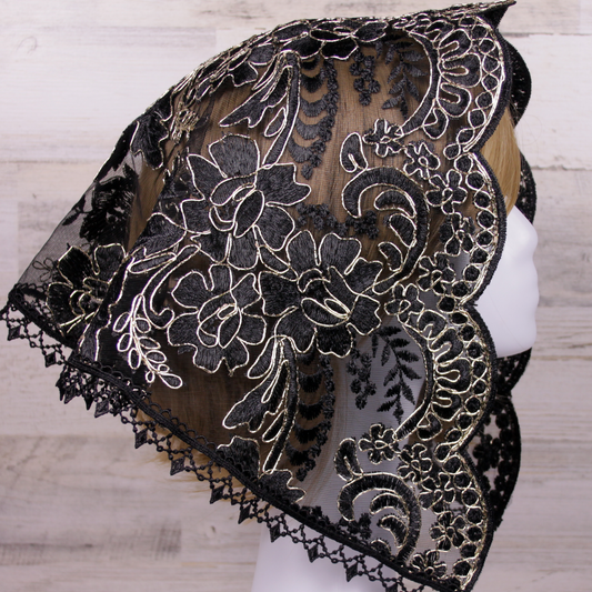 Black and Gold Small D-Shaped Chapel Veil/Mantilla