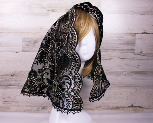 Black and Gold Large D-Shaped Chapel Veil/Mantilla