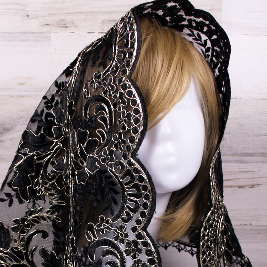 Black and Gold Large D-Shaped Chapel Veil/Mantilla