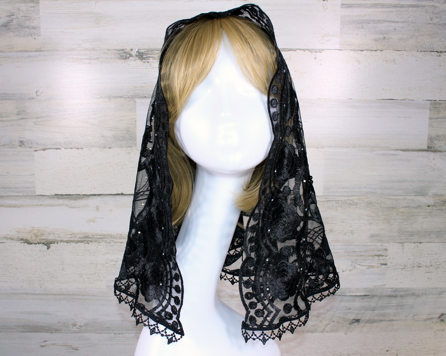 Black Floral Large D-Shaped Chapel Veil/Mantilla