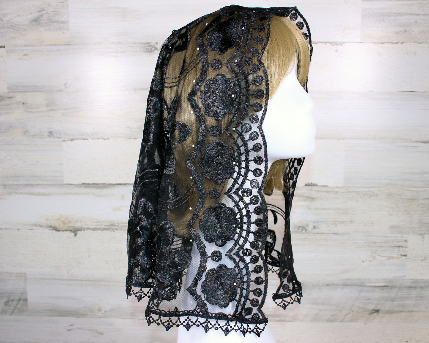 Black Floral Large D-Shaped Chapel Veil/Mantilla