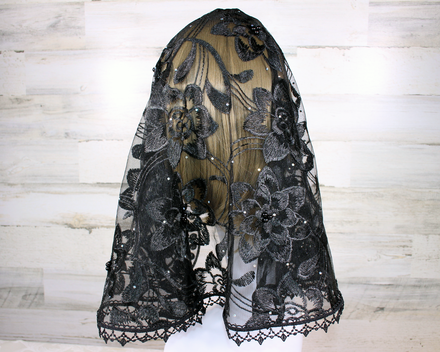 Black Floral Large D-Shaped Chapel Veil/Mantilla
