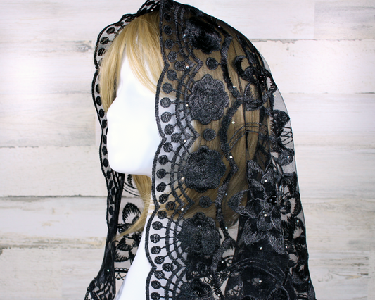 Black Floral Large D-Shaped Chapel Veil/Mantilla