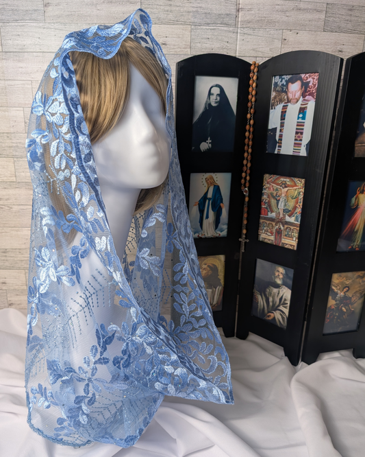Light Blue Lace Infinity Chapel Veil/Mantilla