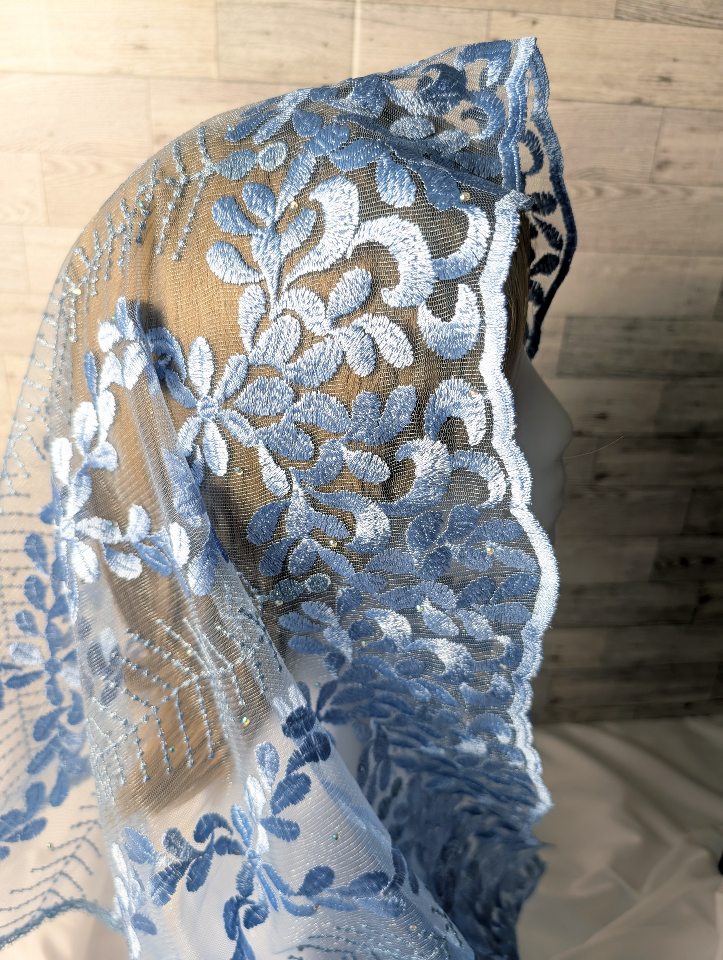 Light Blue Lace Infinity Chapel Veil/Mantilla
