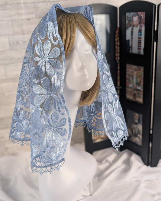 Light Blue Floral Lace Embroidered Large D-Shaped Chapel Veil/Mantilla