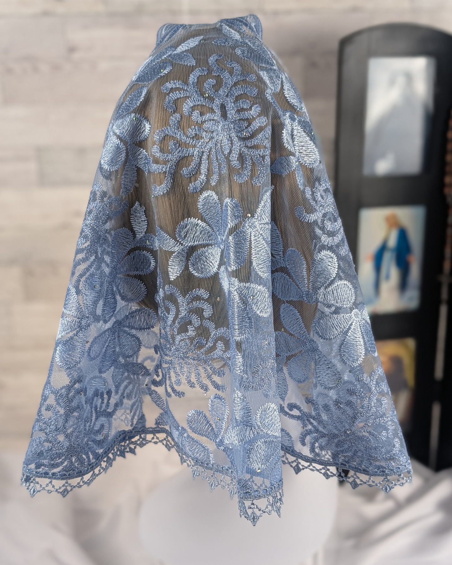 Light Blue Floral Lace Embroidered Large D-Shaped Chapel Veil/Mantilla