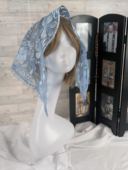 Light Blue Floral Lace Embroidered Small D-Shaped Chapel Veil/Mantilla