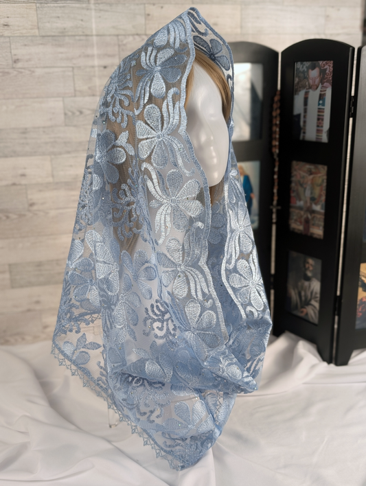 Light Blue Floral Lace Infinity Chapel Veil/Mantilla