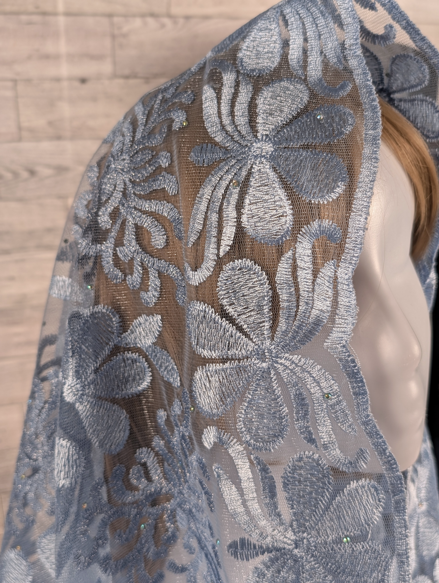 Light Blue Embroidered Mesh Lace Floral Lace Infinity Chapel Veil/Mantilla