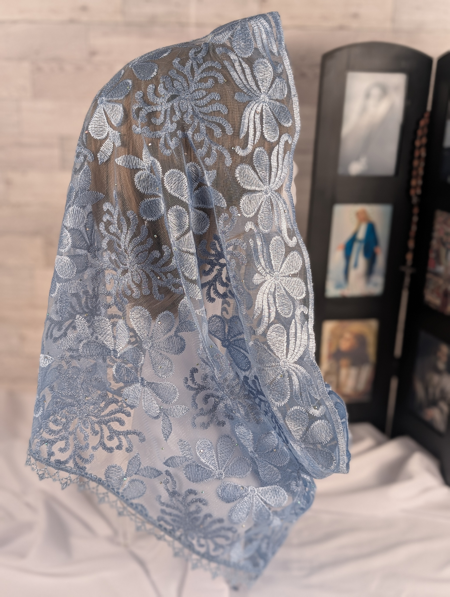 Light Blue Floral Lace Infinity Chapel Veil/Mantilla
