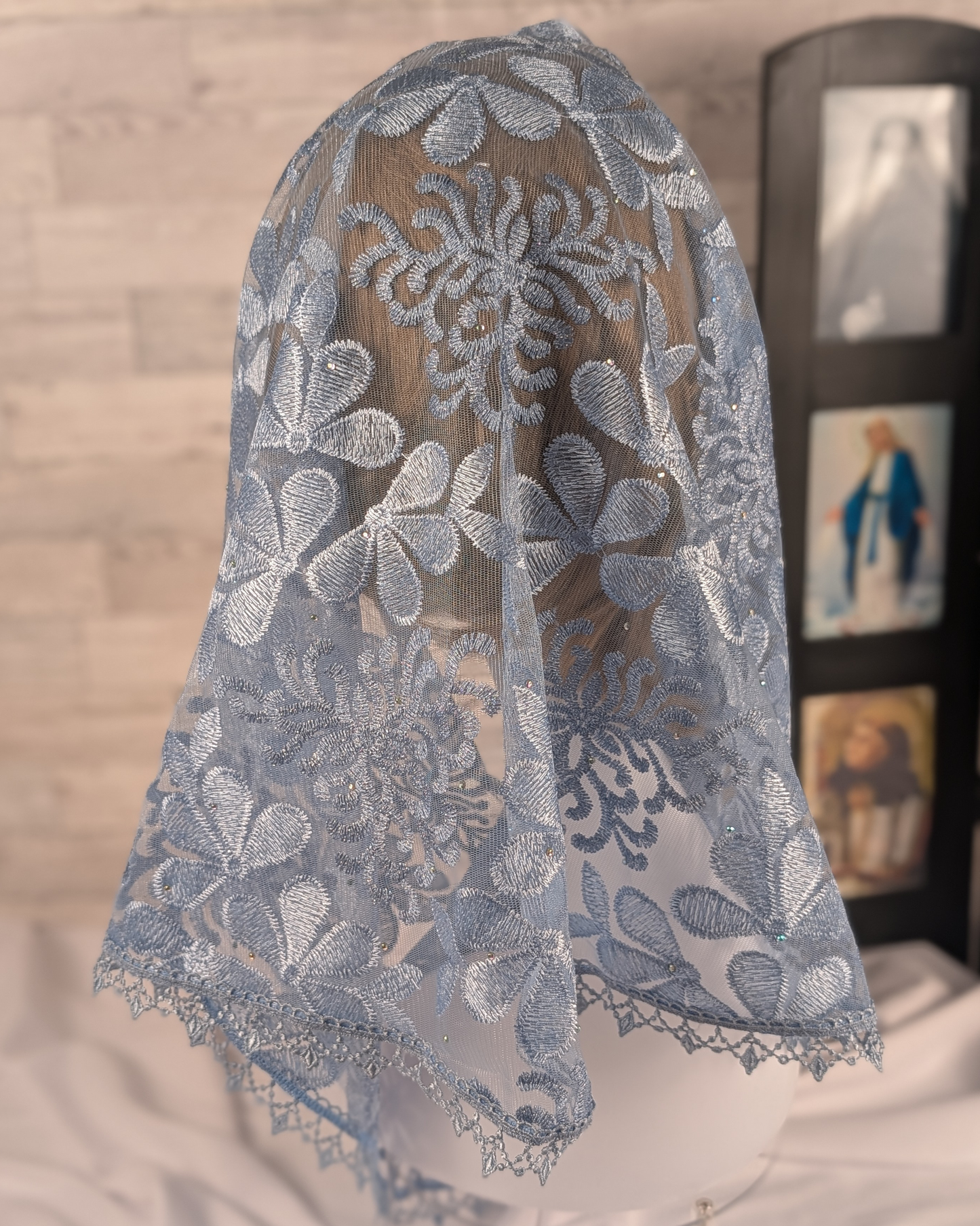 Light Blue Floral Lace Infinity Chapel Veil/Mantilla
