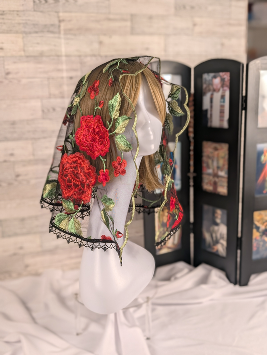 Black Mesh Lace Large D-Shaped Veil with Embroidered Red Roses