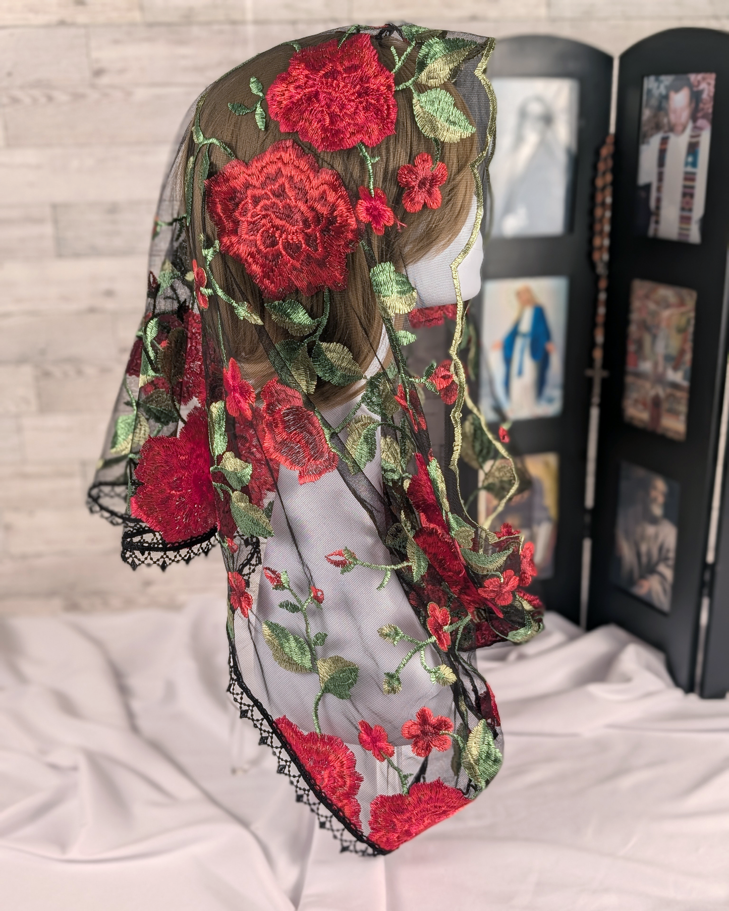 Black Mesh Lace Infinity Veil with Embroidered Red Roses
