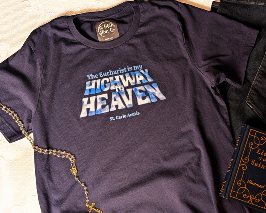 St Carlos Acutis Highway to Heaven T-Shirt (Navy Blue)